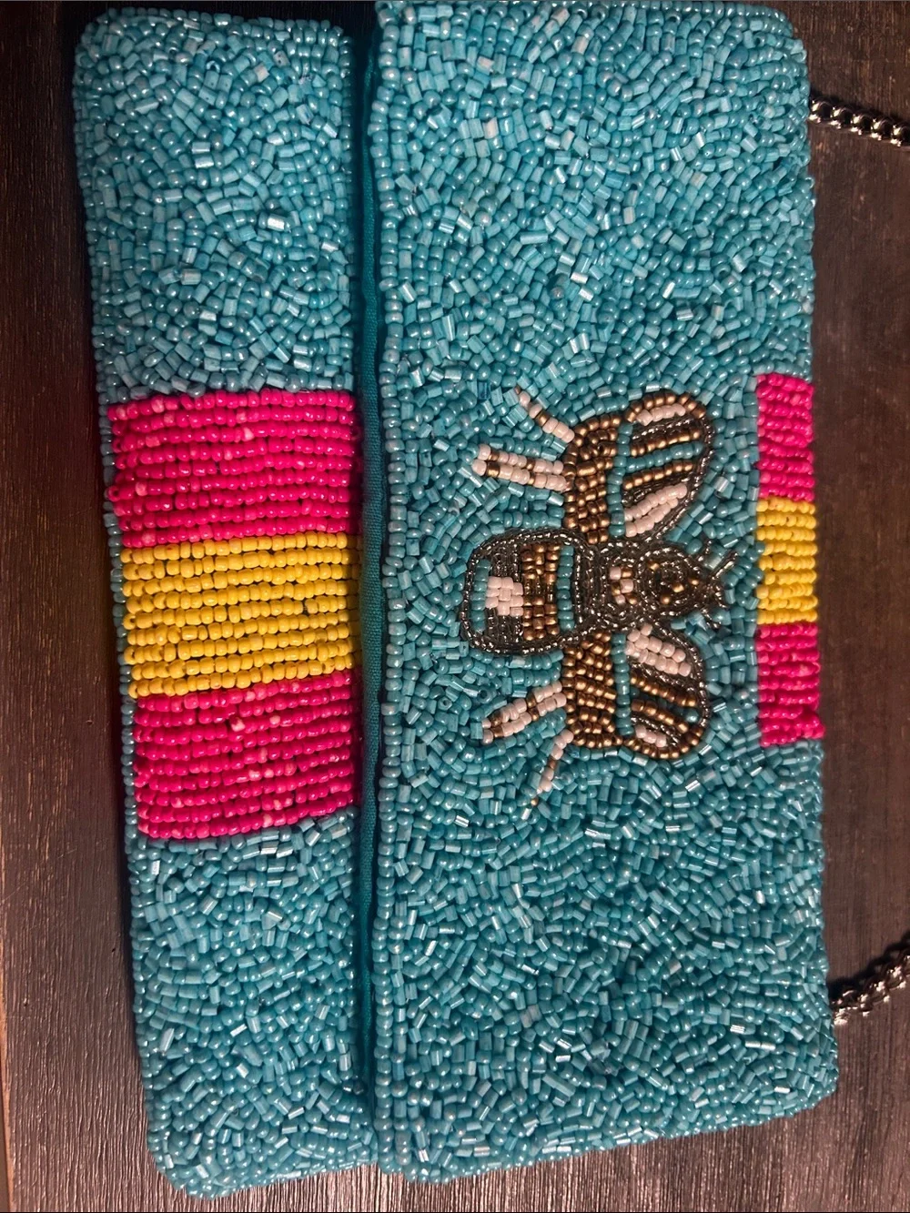 Shirdee Turquoise Beaded‎ Clutch with Pink & Yellow Stripe and Bee Motif